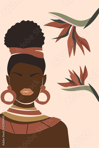 Portrait of a young dark-skinned African woman with jewelry and hair on a background of strelitzia flowers. Contemporary abstract minimalism poster. Vector graphics.