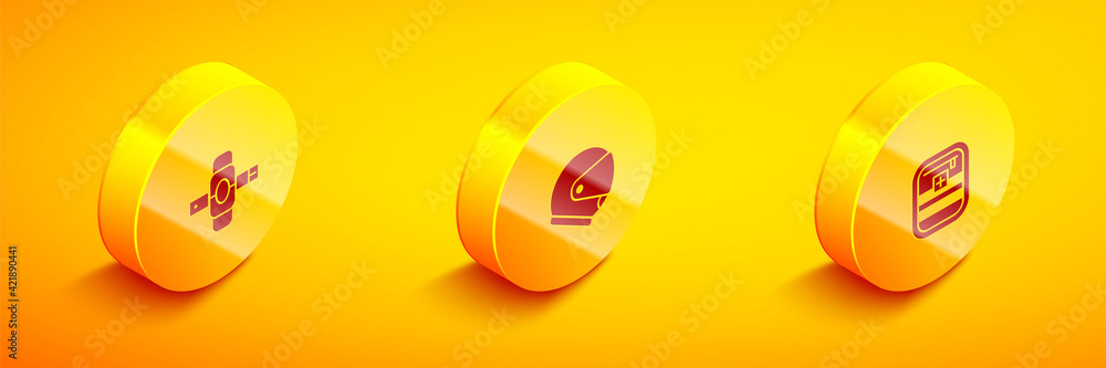 Set Isometric Knee pads, Helmet and First aid kit icon. Vector Set Isometric Knee pads, Helmet and First aid kit icon. Vector