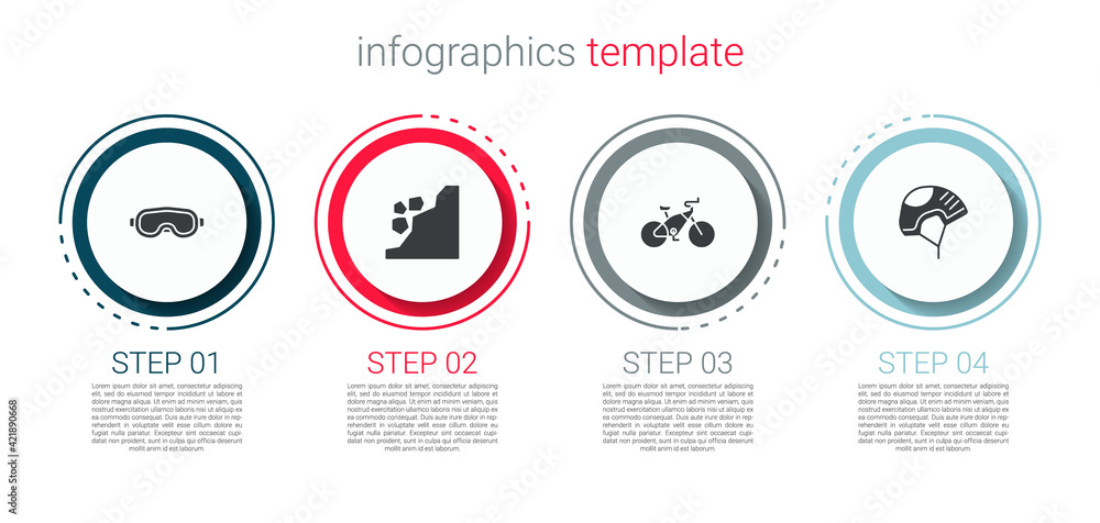 Set Ski goggles, Landslide, Bicycle and Helmet. Business infographic template. Vector Set Ski goggles, Landslide, Bicycle and Helmet. Business infographic template. Vector