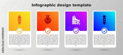 Set Surfboard, Jet ski, Roller skate and Longboard or skateboard. Business infographic template. Vector