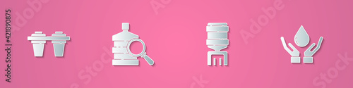 Set paper cut Water filter, Big bottle with clean water, cooler and Washing hands soap icon. Paper art style. Vector
