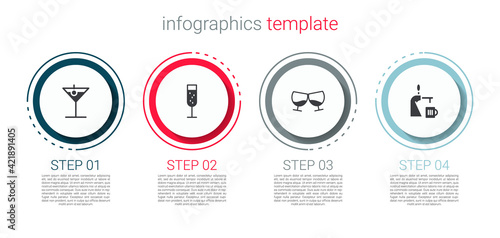 Set Martini glass, Glass of champagne, cognac or brandy and Beer tap with. Business infographic template. Vector