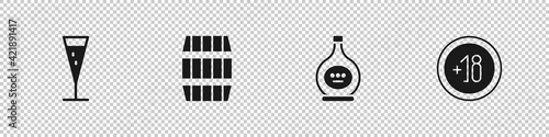 Set Glass of champagne, Wooden barrel, Bottle cognac or brandy and Alcohol 18 plus icon. Vector