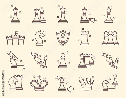 Large set of line drawn simple chess icons