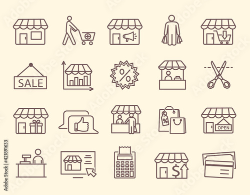 Large set of line icons for a market with stalls and sale notices