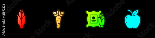 Set Corn, Carrot, in the sack and Apple icon. Vector