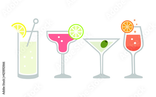 Summer cocktails illustration icon set, isolated vector icons. 
