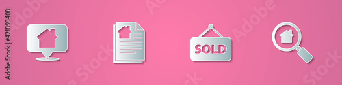 Set paper cut Location with house, House contract, Hanging sign text Sold and Search icon. Paper art style. Vector