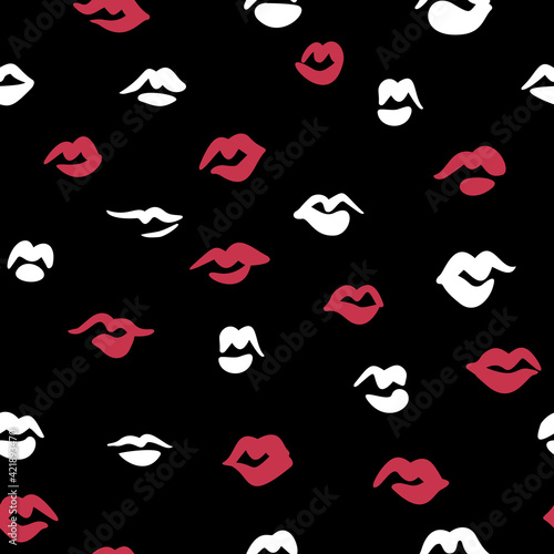 Lips seamless pattern. Doodle lip kiss background. Retro fashion glamour print.