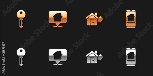 Set House key, Location with house, Sale and Online real estate icon. Vector