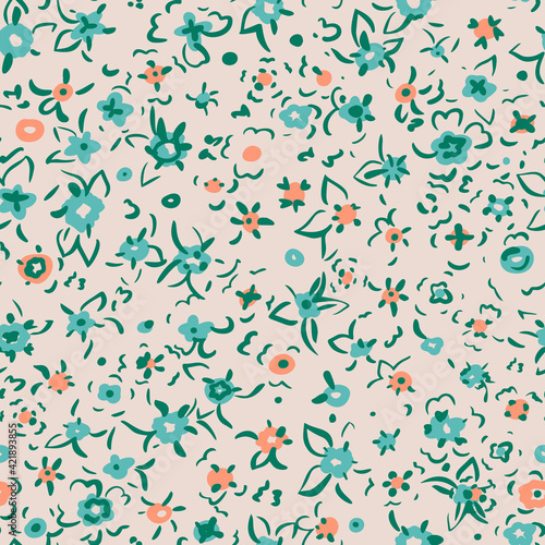 Small flowers seamless pattern. Simple floral texture. Daysy silhouettes and line drawing. Different meadow plants. Summer botanical background. For fabric and texture,