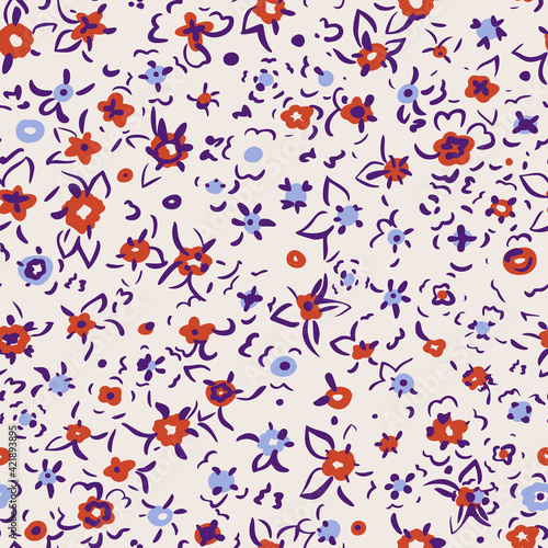 Small flowers seamless pattern. Simple floral texture. Daysy silhouettes and line drawing. Different meadow plants. Summer botanical background. For fabric and texture,