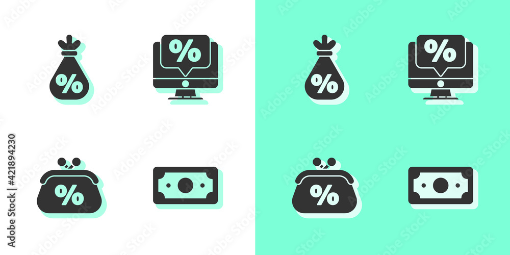 Set Stacks paper money cash, Money bag with percent, Purse and Percent discount and monitor icon. Vector