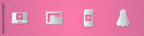 Set paper cut Online play video, Postal stamp, and Badminton shuttlecock icon. Paper art style. Vector