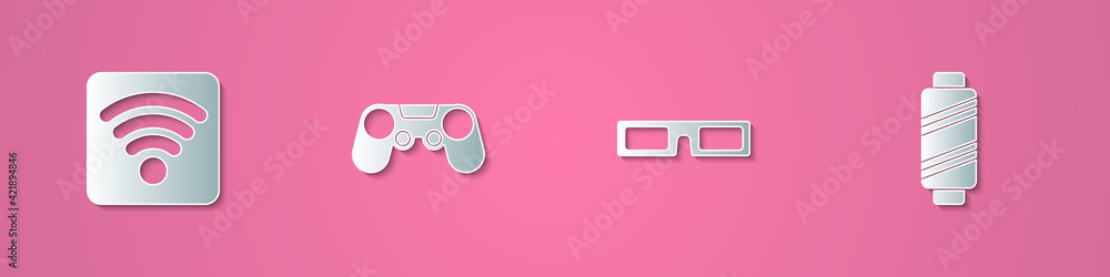 Set paper cut Wi-Fi wireless internet network, Gamepad, Cinema glasses and Sewing thread on spool icon. Paper art style. Vector Set paper cut Wi-Fi wireless internet network, Gamepad, Cinema glasses and Sewing thread on spool icon. Paper art style. Vector