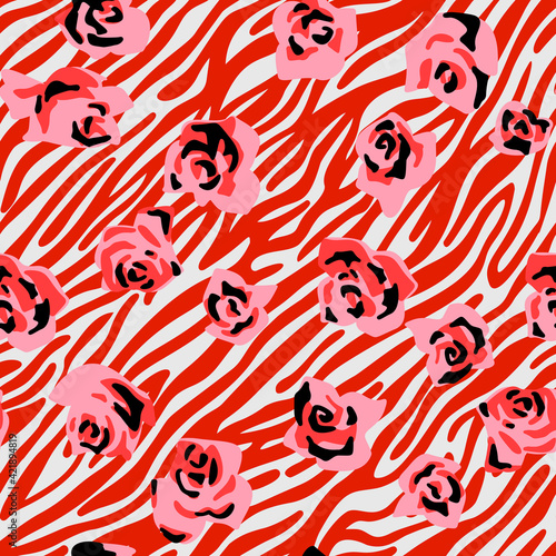 Seamless pattern made of roses buds with zebra stripes skin background. Cut out paper collage style. Mixed print. Summer botanical background. Nature motif for textile and fabric texture.