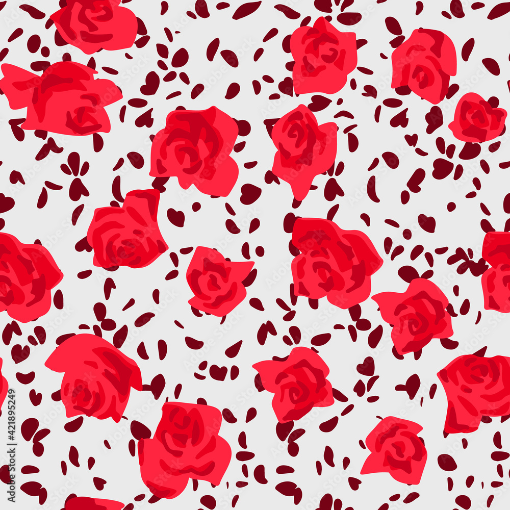 Seamless pattern made of roses buds with petals scattered. Flat cut out paper style. Floral collage. Summer botanical background in modern manner. Nature motif for textile and fabric texture. Seamless pattern made of roses buds with petals scattered. Flat cut out paper style. Floral collage. Summer botanical background in modern manner. Nature motif for textile and fabric texture.