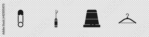 Set Safety pin, Awl tool, Thimble for sewing and Hanger wardrobe icon. Vector