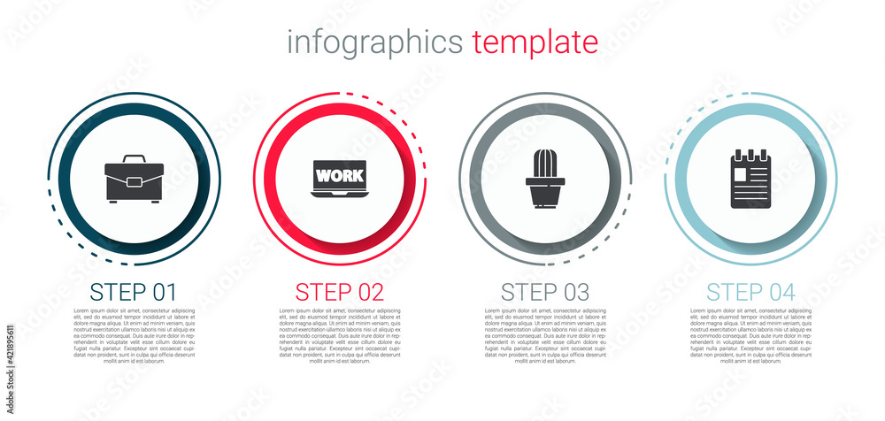 Fototapeta premium Set Briefcase, Laptop with text work, Cactus and succulent in pot and Spiral notebook. Business infographic template. Vector