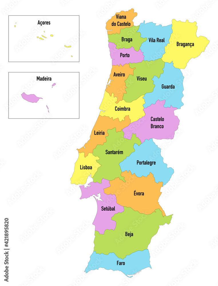 Carte du Portugal divisée par districts avec Madère et îles des Açores  vector de Stock | Adobe Stock