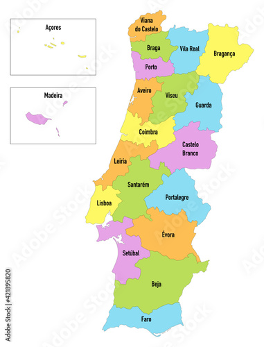 Carte du Portugal divisée par districts avec Madère et îles des Açores
