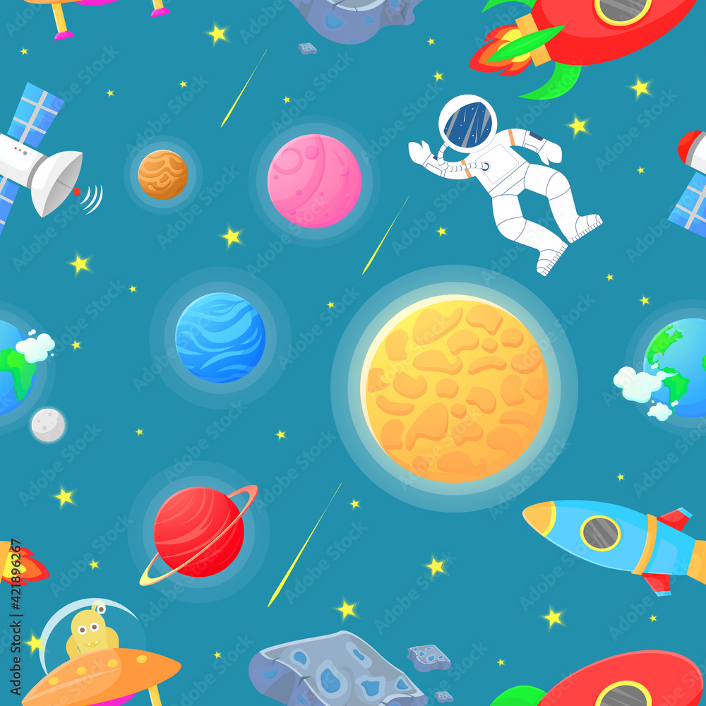 Cosmic fabric for kids. Astronaut with rocket and