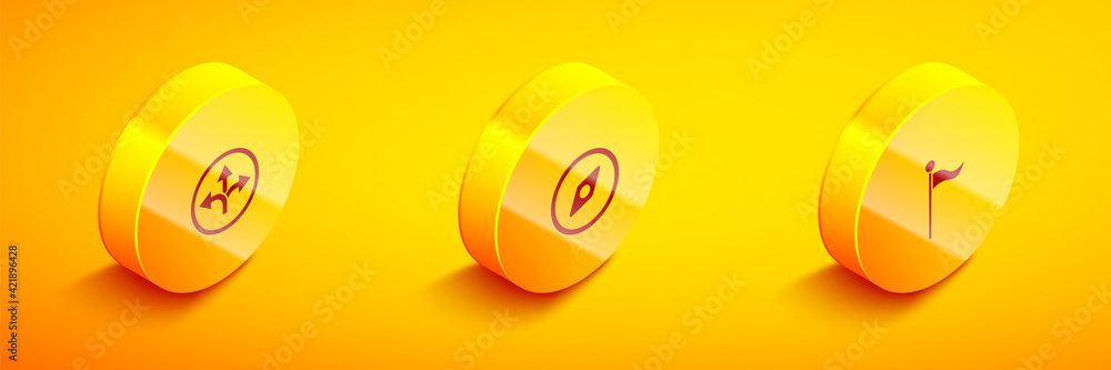 Set Isometric Road traffic sign, Compass and Location marker icon. Vector Set Isometric Road traffic sign, Compass and Location marker icon. Vector