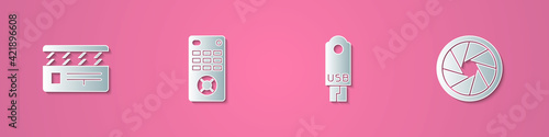 Set paper cut Movie clapper, Remote control, USB flash drive and Camera shutter icon. Paper art style. Vector