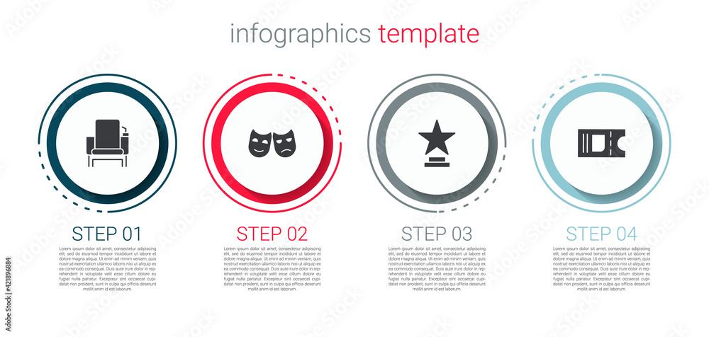 Set Cinema chair, Comedy and tragedy masks, Movie trophy and ticket. Business infographic template. Vector Set Cinema chair, Comedy and tragedy masks, Movie trophy and ticket. Business infographic template. Vector