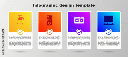 Set Tripod, Remote control, VHS video cassette tape and Cinema auditorium with screen. Business infographic template. Vector