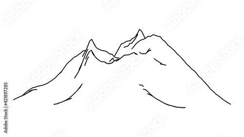 Mountain contour with cooled volcano illustration. Sketch black steep peak with ruptured top and snow capped rocky cliffs with deep vector gorges.