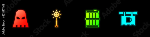 Set Executioner mask, Medieval chained mace ball, Wooden barrel and Street signboard with Bar icon. Vector