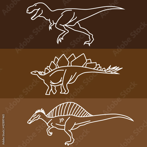 Line art dinosaur icons on brown background