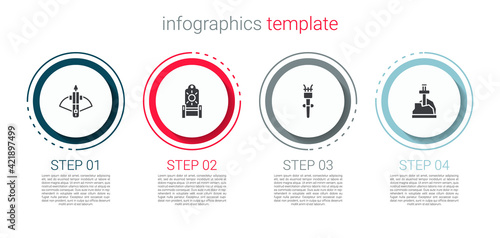 Set Battle crossbow with arrow, Medieval throne, Torch flame and Sword in the stone. Business infographic template. Vector