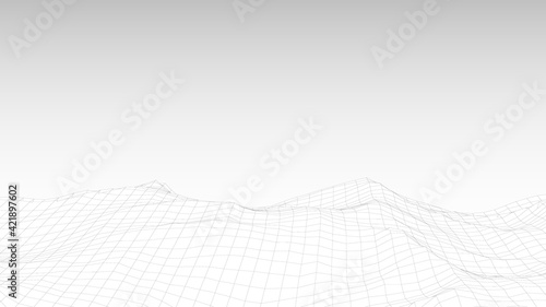 Mountain mesh in flight abstract illustration. Gray polygonal geometric grid hills with digital top view outline massive rocks of everest and vector cordillera.