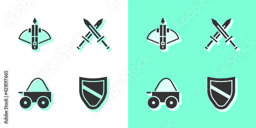 Set Shield, Battle crossbow with arrow, Wooden four-wheel cart and Crossed medieval sword icon. Vector