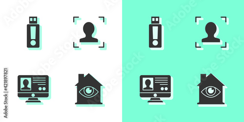 Set House with eye scan, USB flash drive, Create account screen and Face recognition icon. Vector