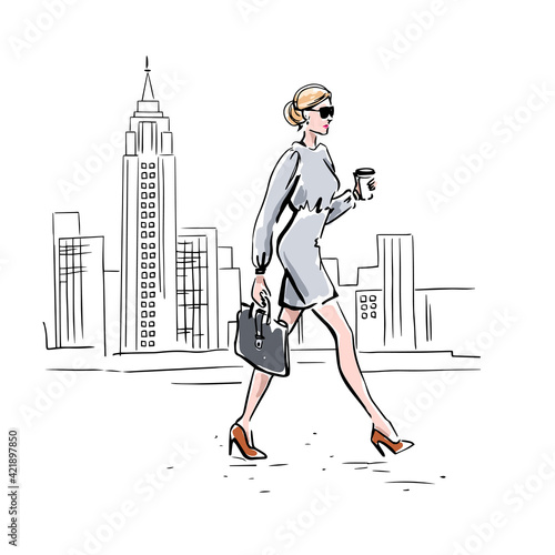 A businesswoman goes to work. Megapolis. Vector hand drawn illustration.
