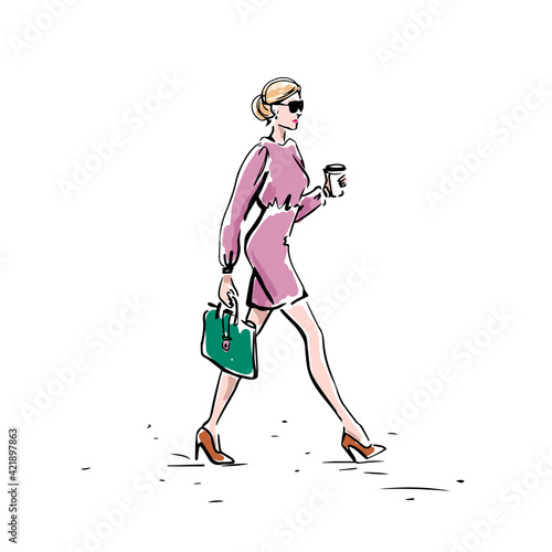 Businesswoman hand drawn on a white background. A girl with a coffee and a briefcase goes to work. Vector illustration.