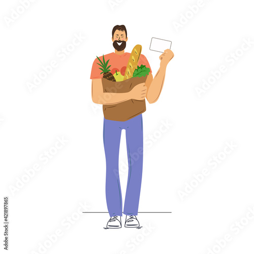 A happy man with shopping and a discount card. Vector illustration.