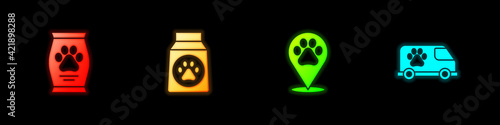 Set Bag of food, , Location veterinary and Veterinary ambulance icon. Vector