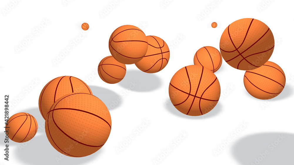 3D illustration of various basketball sport balls. Falling to the ground bouncing. Cut out on white background with clean colors.