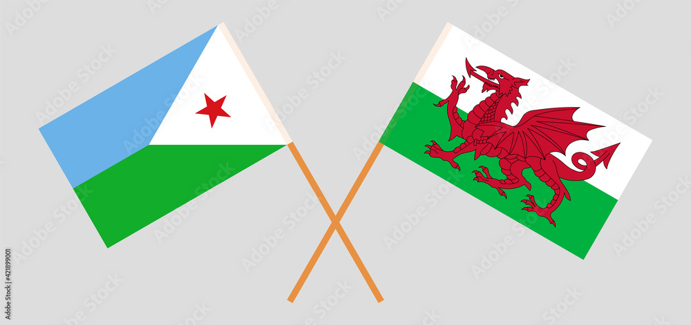 Crossed flags of Djibouti and Wales. Official colors. Correct proportion Crossed flags of Djibouti and Wales. Official colors. Correct proportion