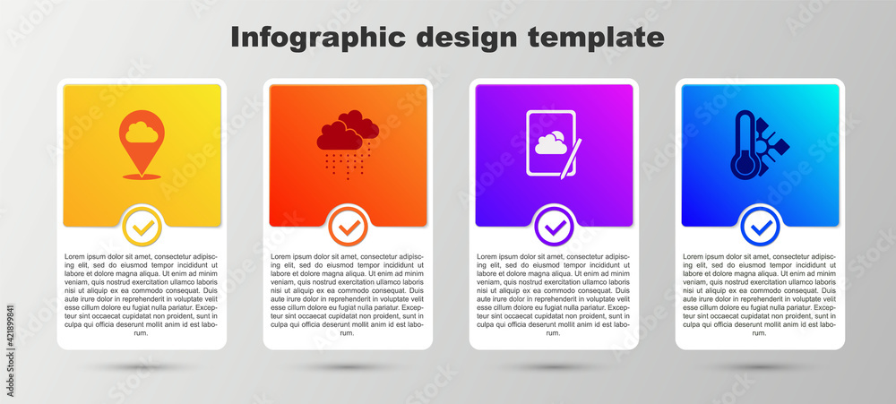 Set Location cloud, Cloud with rain, Weather forecast and Meteorology thermometer. Business infographic template. Vector Set Location cloud, Cloud with rain, Weather forecast and Meteorology thermometer. Business infographic template. Vector