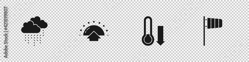 Set Cloud with rain, Sunrise, Meteorology thermometer and Cone windsock wind vane icon. Vector