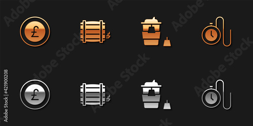 Set Coin money with pound, Wooden barrel, Coffee cup to go and Watch chain icon. Vector
