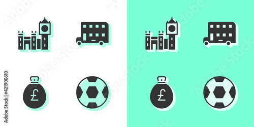 Set Football ball, Big Ben tower, Money bag with pound and Double decker bus icon. Vector