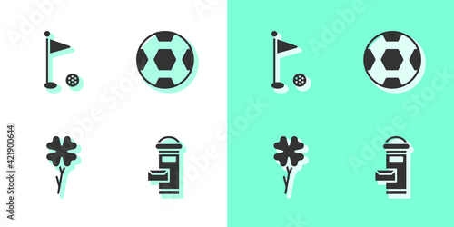 Set London mail box  Golf flag  Four leaf clover and Football ball icon. Vector