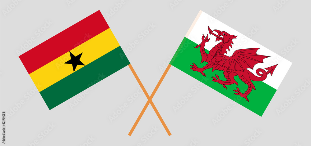 Crossed flags of Ghana and Wales. Official colors. Correct proportion Crossed flags of Ghana and Wales. Official colors. Correct proportion