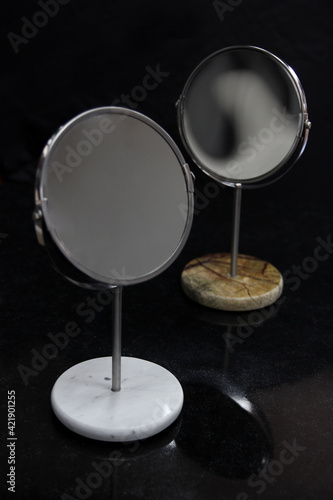 Marble base vanity mirror, round marble bathroom mirrors, a combination of stainless steel and marble, brown and white marble, luxury hotel mirrors